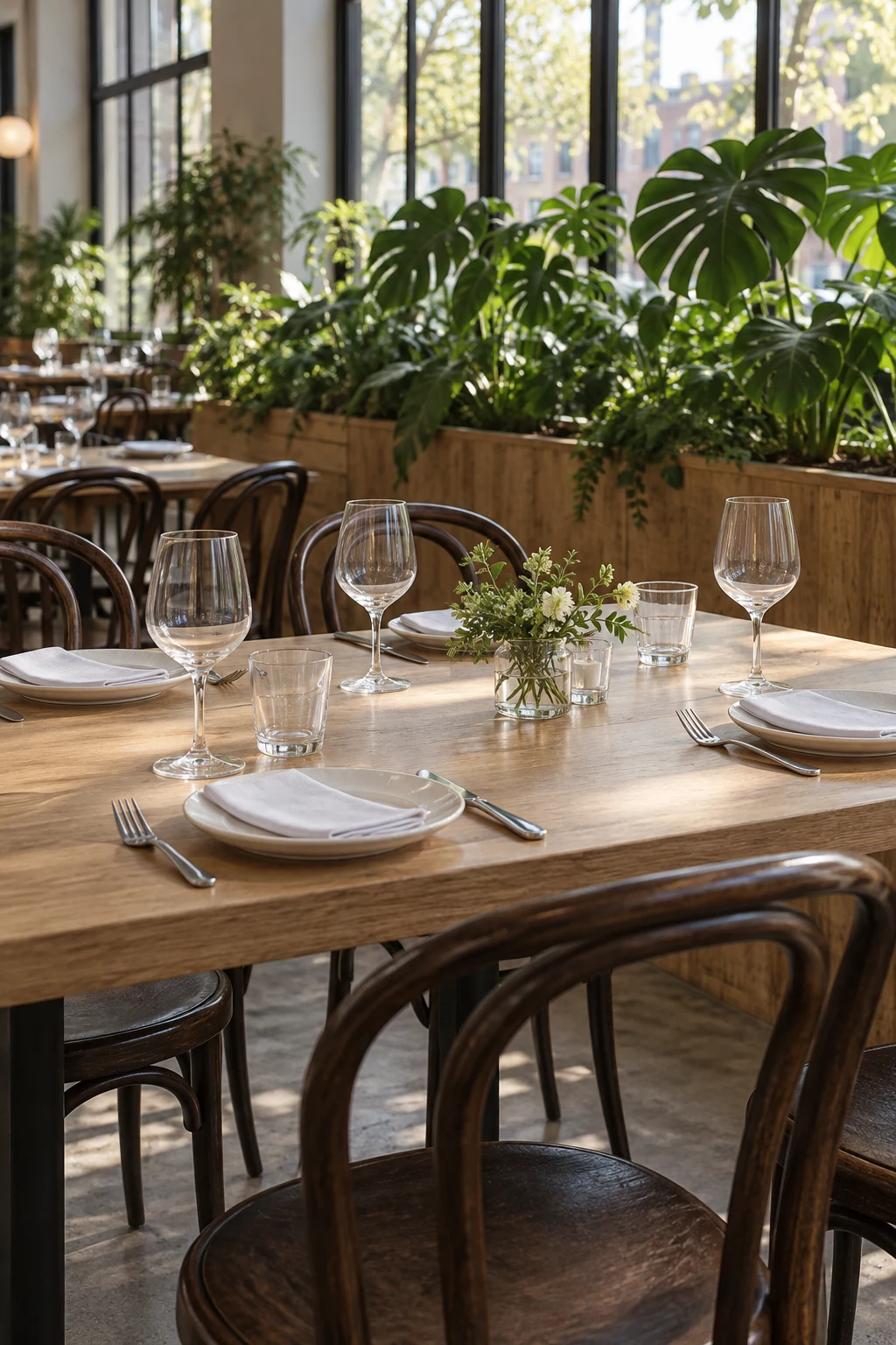 A thoughtfully set restaurant table with clear glassware, wooden chairs and natural light